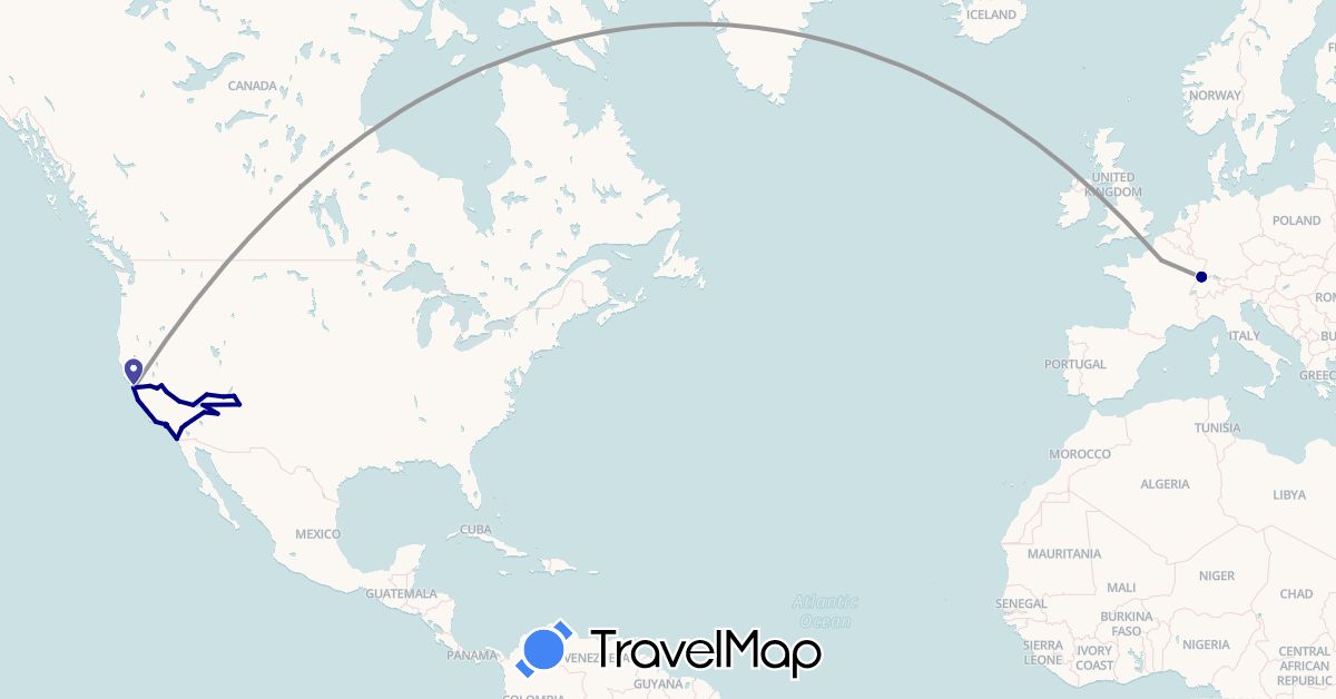 TravelMap itinerary: driving, plane in Switzerland, France, United States (Europe, North America)